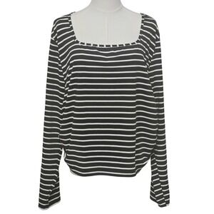 Curvy Womens 5XL Plus Size Top Black White Striped Ruched Stretch Long Sleeve
